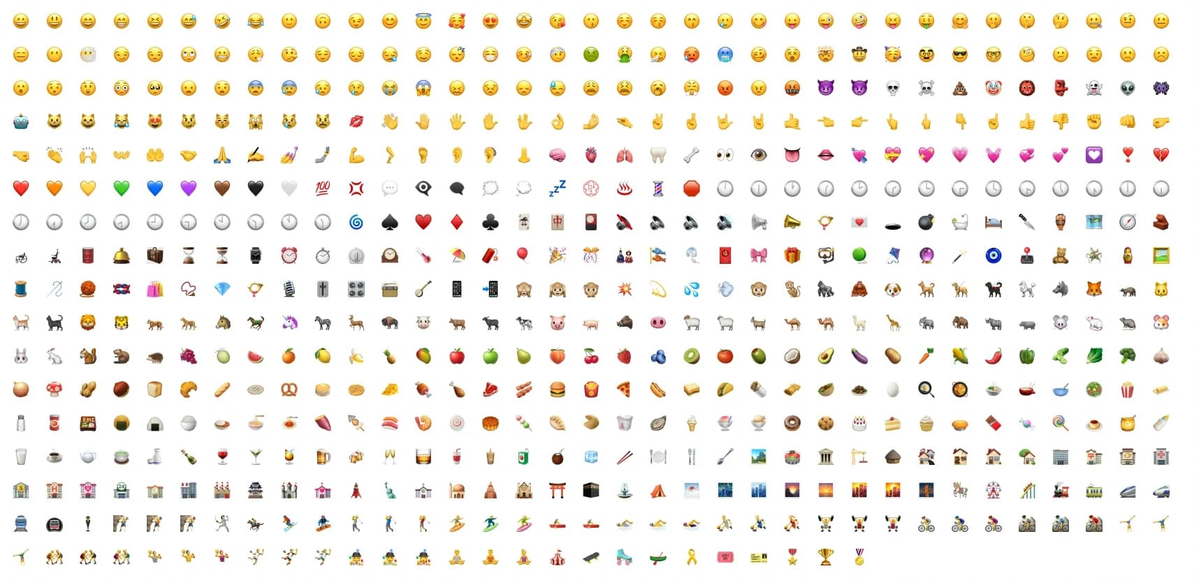 A grid of Apple emoji that ships in the file: faces, hands, hearts, animals, food, places and activities, all drawn at one size on a white ground.