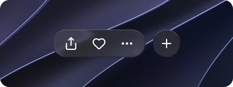 The same toolbar over the dark wallpaper, frosted: the wallpaper is blurred behind the pill and the round button, and the edge is clearly drawn.