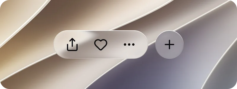 The same toolbar over the light wallpaper, frosted: the wallpaper is blurred behind the pill and the round button, and the edge is clearly drawn.