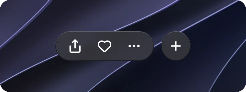 The same toolbar over the dark wallpaper, tinted: the pill and the round button are almost opaque dark gray, and the wallpaper barely shows through.