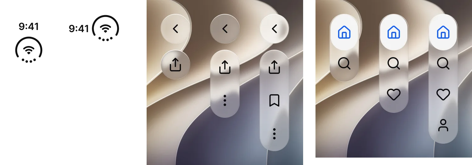 The Duo rail components: the status mark in its Rail and Compact layouts, the vertical toolbar with one, two and three glass actions, and the vertical tab bar with two, three and four icon tabs, the first tab selected in blue.