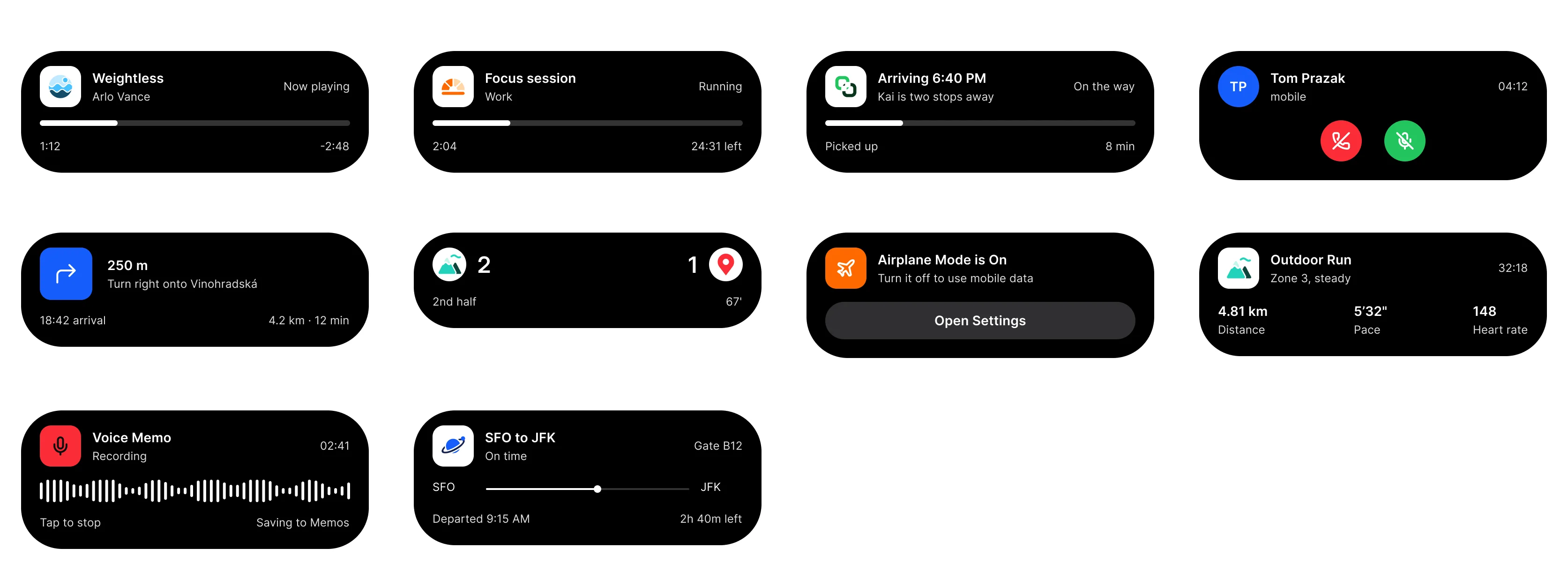 Ten expanded Dynamic Island layouts as black rounded cards: Media with progress, Timer, Delivery, a Call with two round buttons, Navigation with a turn arrow, a Score, an Alert with an Open Settings button, a Workout with three figures, a Recording with a waveform and a Flight with a route track.
