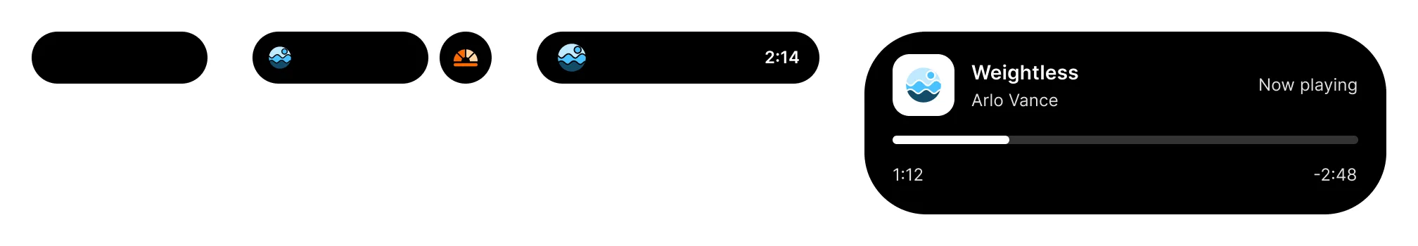 The four Dynamic Island presentations on a white ground: an empty black Idle pill, a Minimal pill with a small app logo beside a detached round pill, a Compact pill with a logo and the time 2:14, and a wide Expanded card with a track title, artist, progress bar and times.