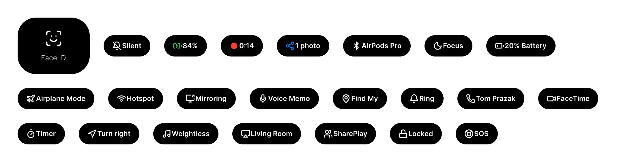 The system presentations of the Dynamic Island as black pills with an icon and a label each, such as Silent, 84 percent charging, a red recording dot with 0:14, AirDrop, AirPods Pro, Focus, Low Battery, Airplane Mode, Hotspot, Mirroring, Voice Memo, Find My, Ring, a call, FaceTime, Timer, Turn right, Weightless, Living Room, SharePlay, Locked and SOS. Face ID is a larger square panel.