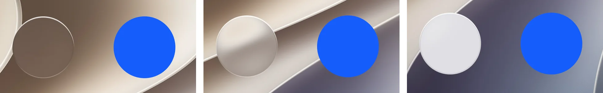 Three tiles over a wallpaper, each with a round glass control beside a solid blue primary circle. From left to right the glass is Clear, almost transparent over the brown wallpaper, Regular, frosted and light, and Tinted, a nearly opaque pale disc.