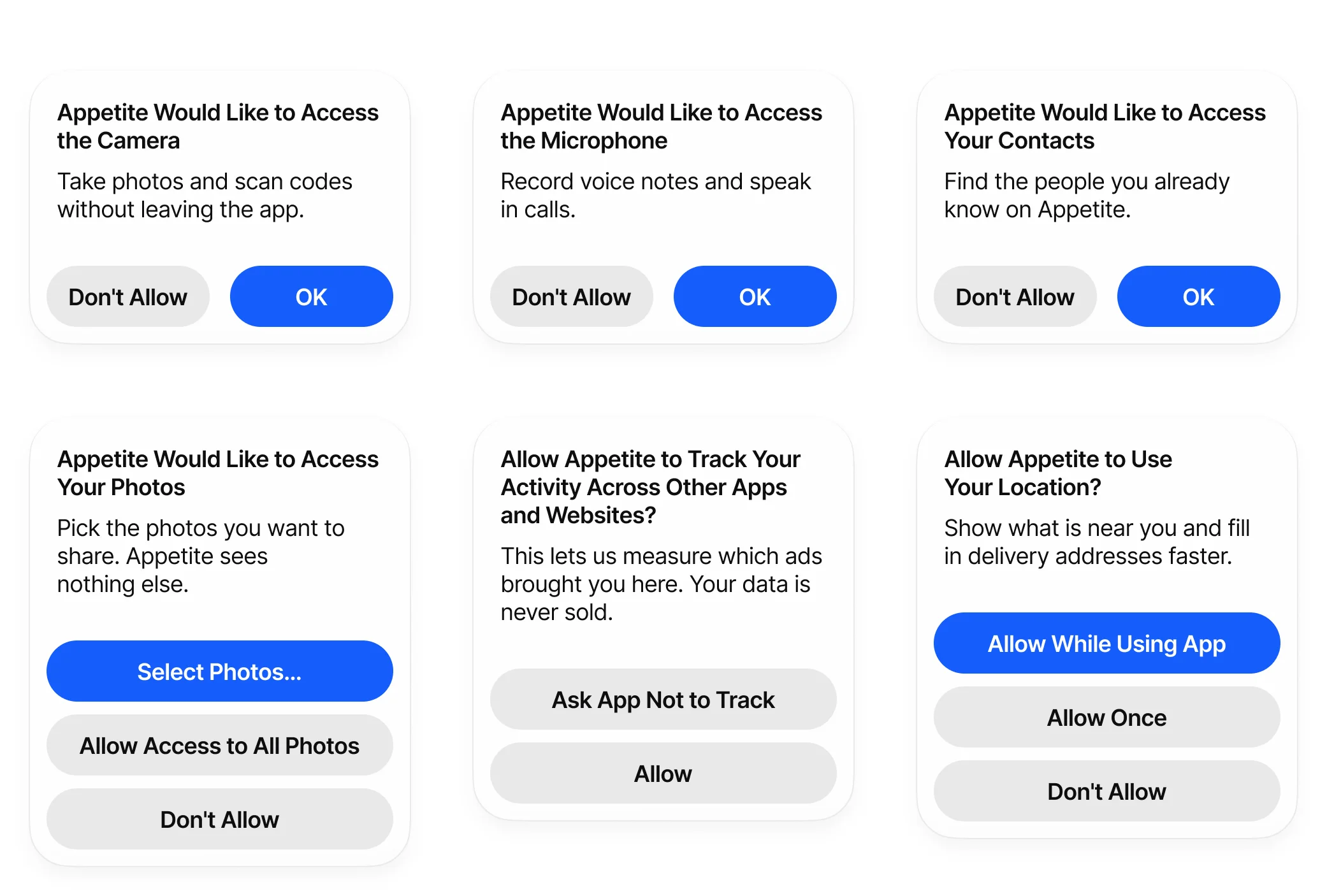 Six permission dialogs in two rows: Camera, Microphone and Contacts with Don't Allow and OK side by side; Photos with three stacked buttons; Tracking with two gray stacked buttons; Location with three stacked buttons.