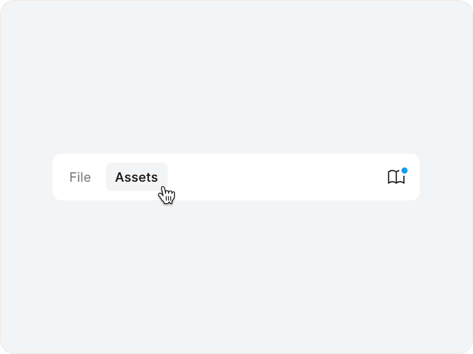 The Figma left sidebar header with two tabs, File and Assets, and the pointer on the Assets tab. A library icon with a blue dot sits at the right edge.