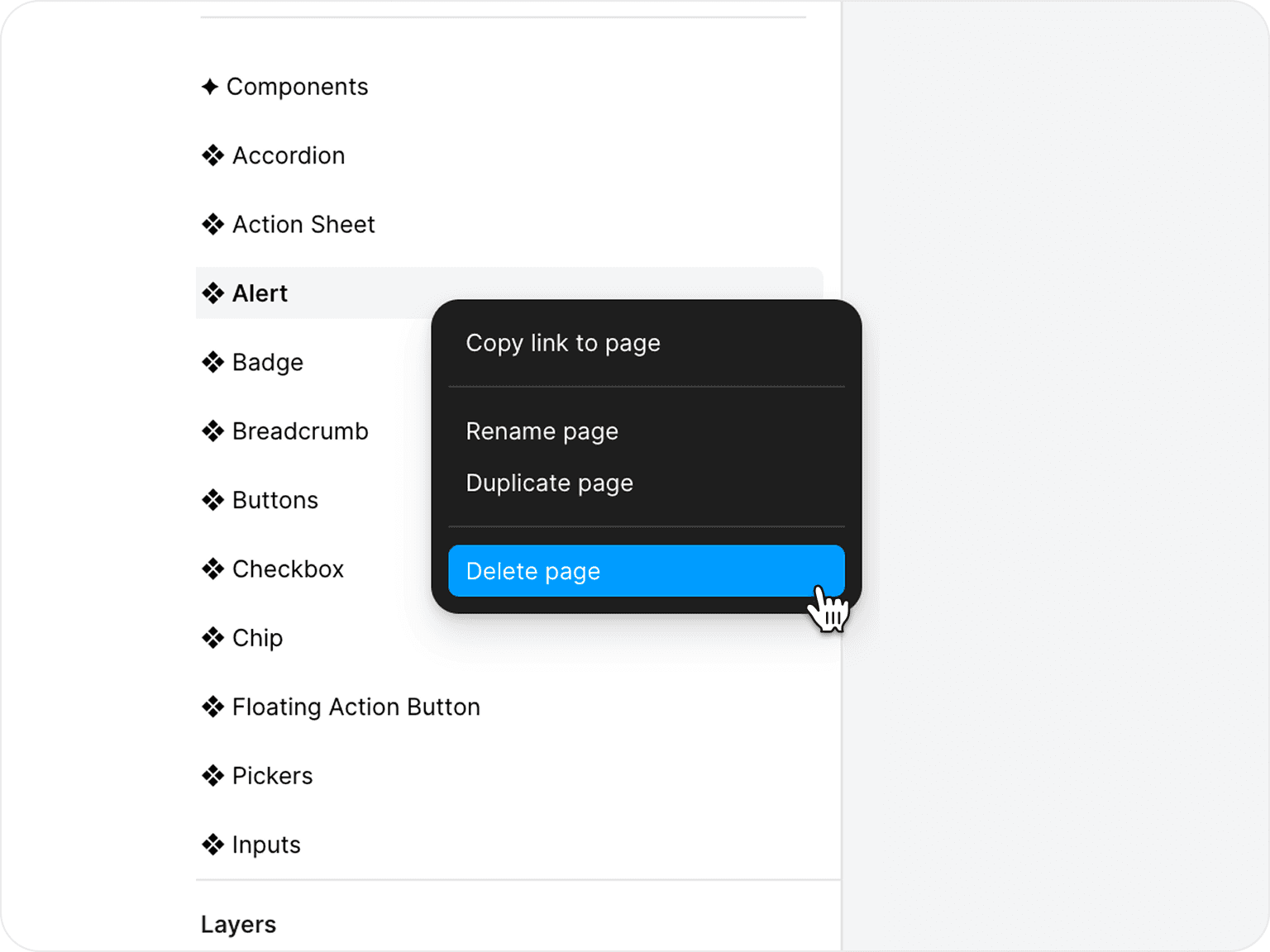 The Figma pages list with the right-click menu open on the Alert page and Delete page highlighted below Copy link to page, Rename page and Duplicate page.