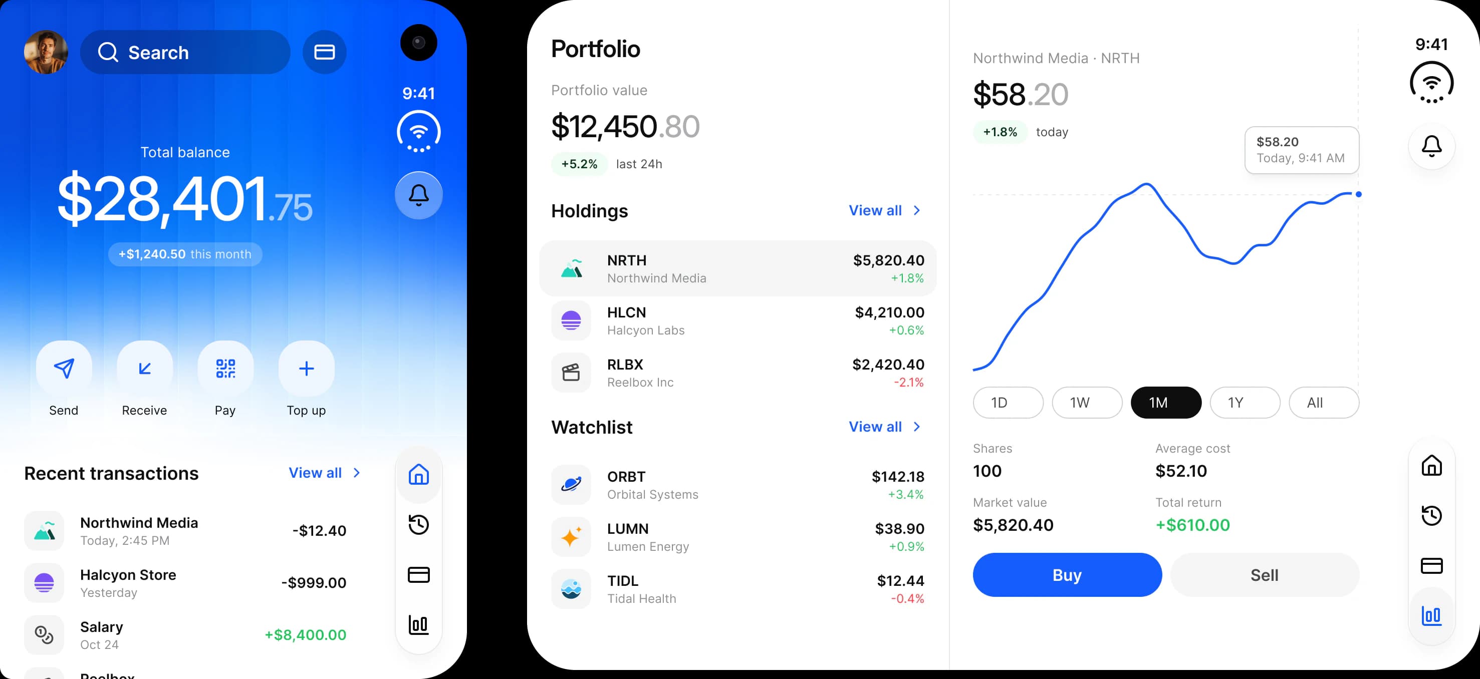 The Appetite UI Finance app on both iPhone Duo displays at one scale: the outer display with a total balance, four quick actions and recent transactions beside a vertical rail, and the wider inner display with a portfolio list beside a Northwind Media price chart