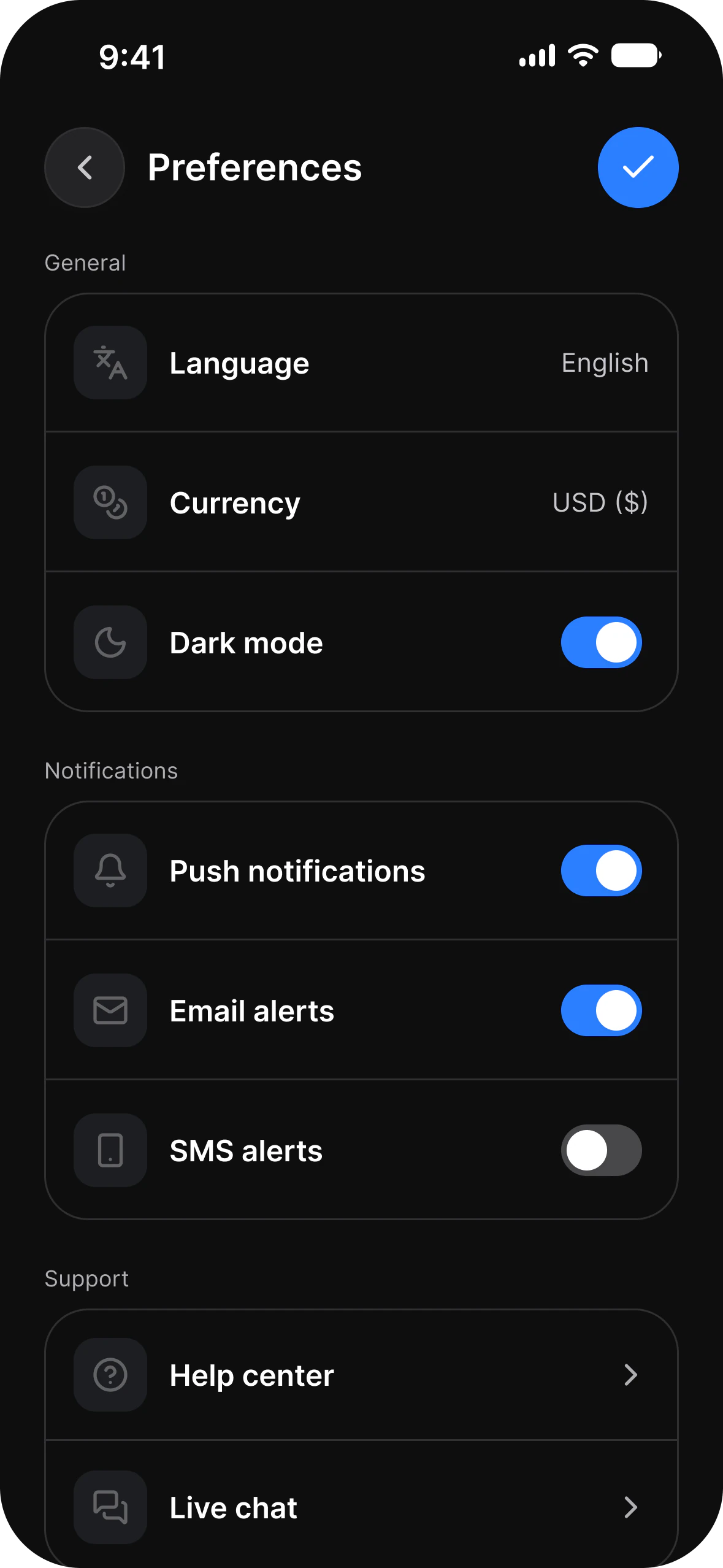 The same Preferences screen in dark mode, with the Dark mode switch on and every row and label in the same place