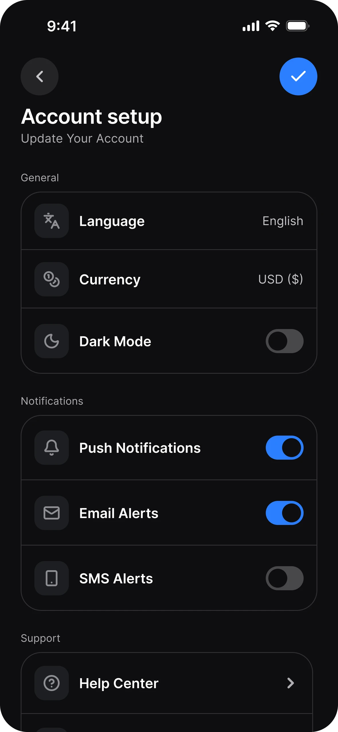 The same Account setup screen in dark mode, every row, label and switch in the same place