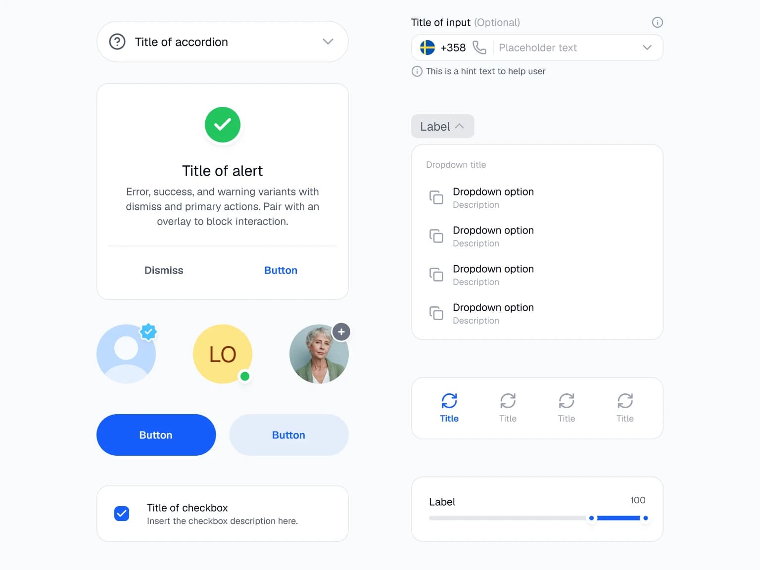 Components on one board: an accordion, a phone number input, an alert dialog, avatars, buttons, a checkbox, a dropdown, tabs and a slider