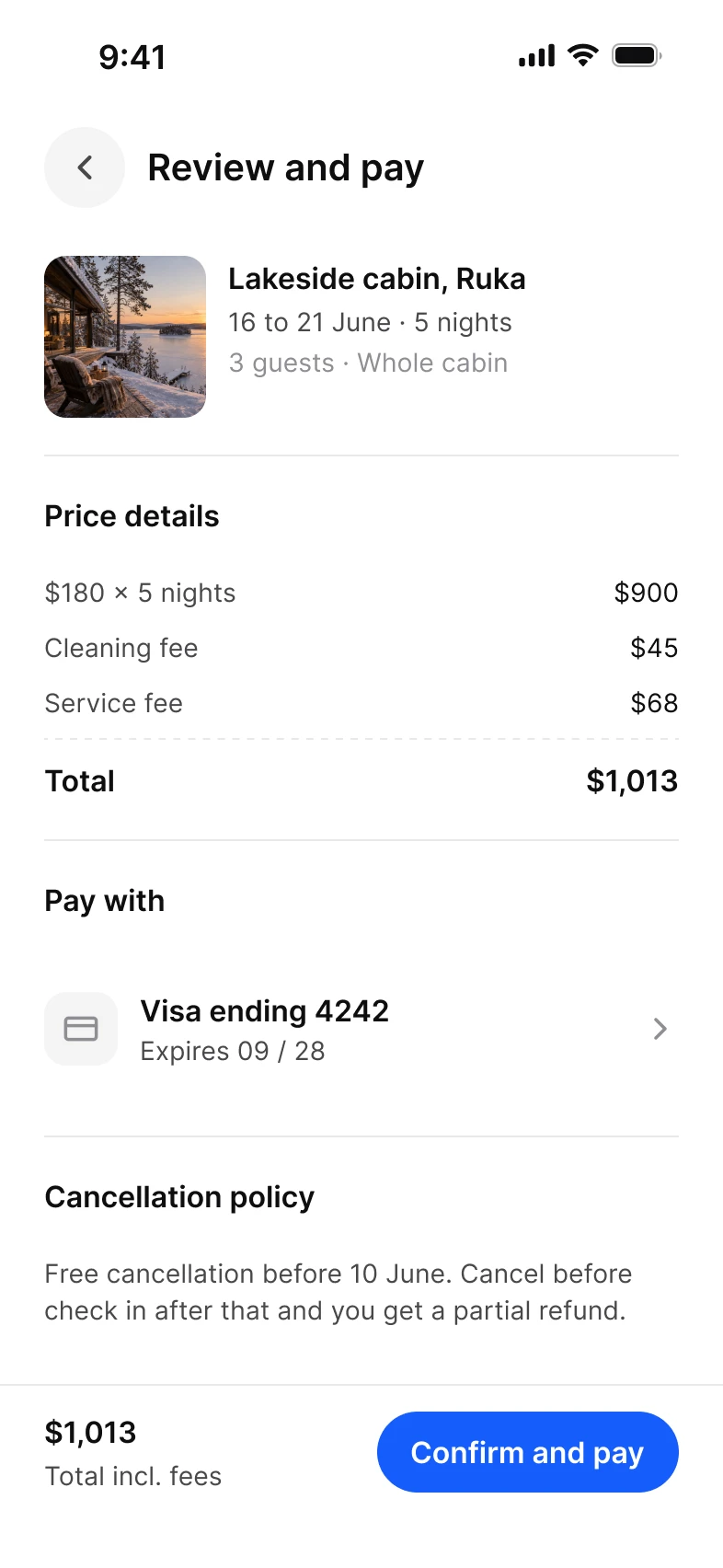 Review and pay screen in light mode: a lakeside cabin in Ruka, price details, a Visa card and Confirm and pay