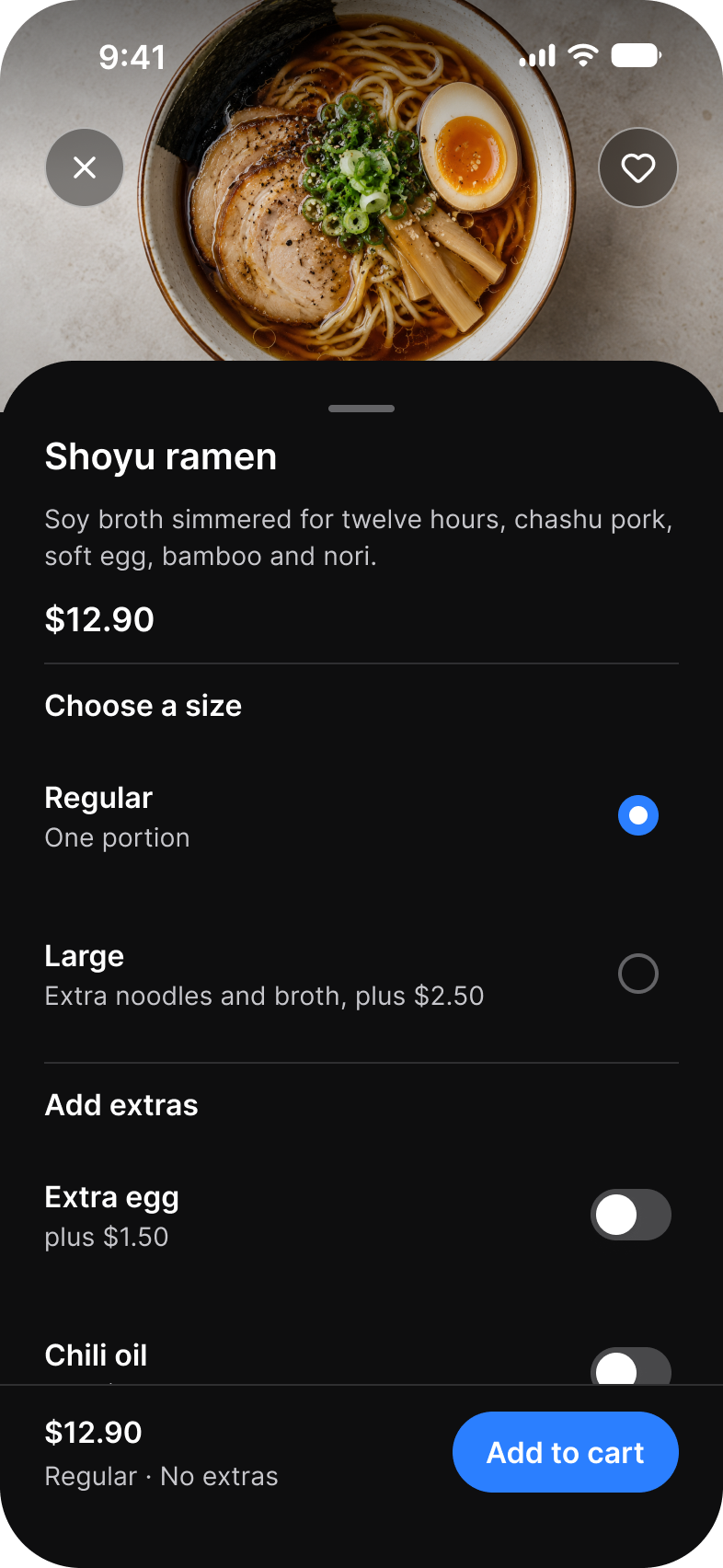Dish sheet in dark mode: Shoyu ramen with a choice of size, extras and Add to cart