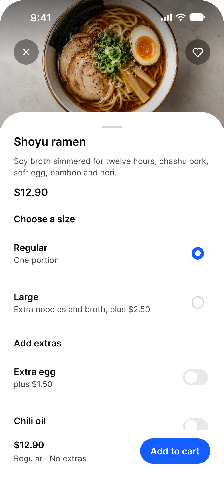 Dish sheet in light mode: Shoyu ramen with a choice of size, extras and Add to cart