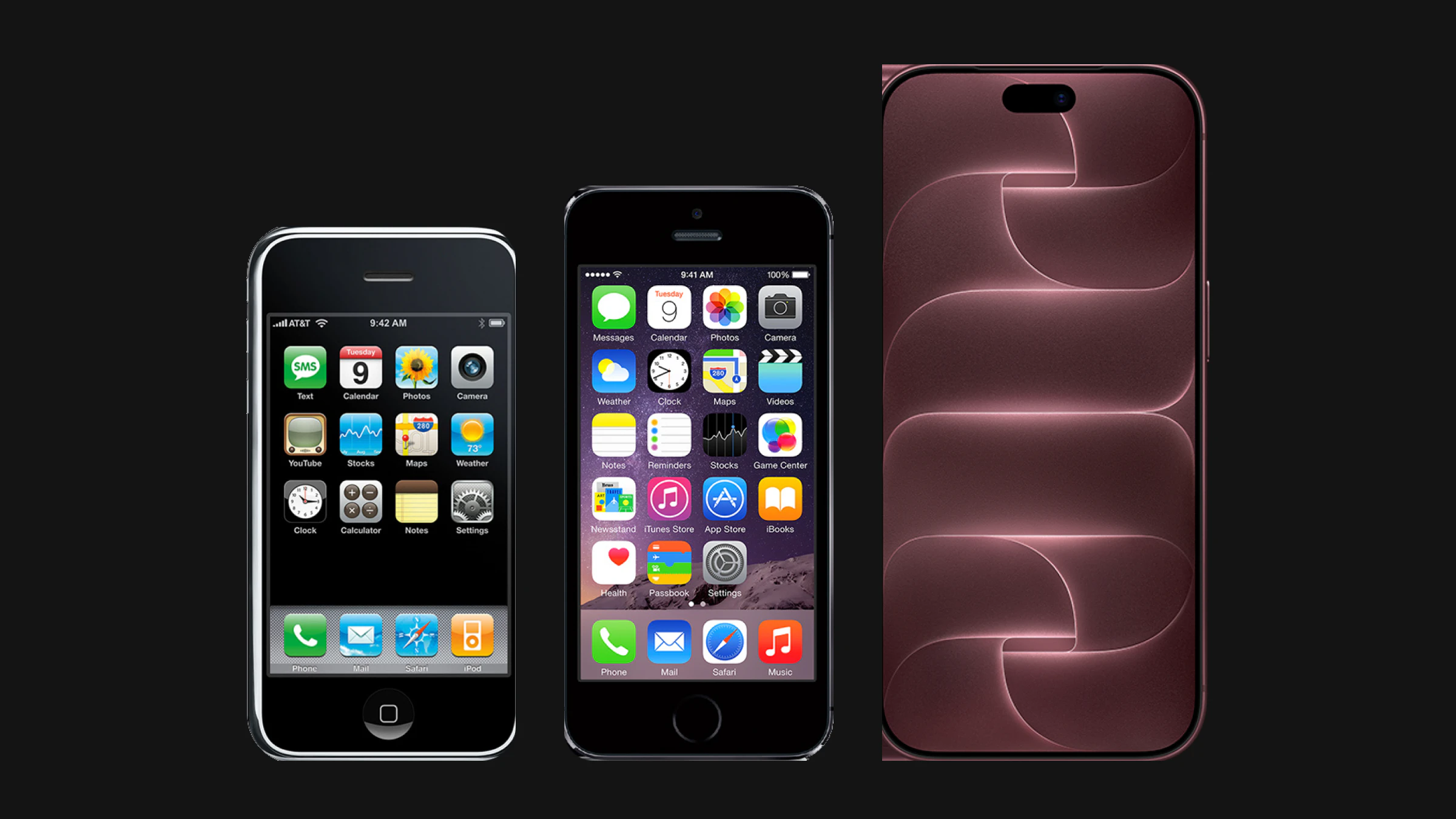 Three iPhones at one scale: the first iPhone with glossy iPhone OS icons on black at 9:42, an iPhone 5s with the flat iOS 7 Home Screen at 9:41, and a current iPhone Pro with the Dynamic Island over a dark red wallpaper