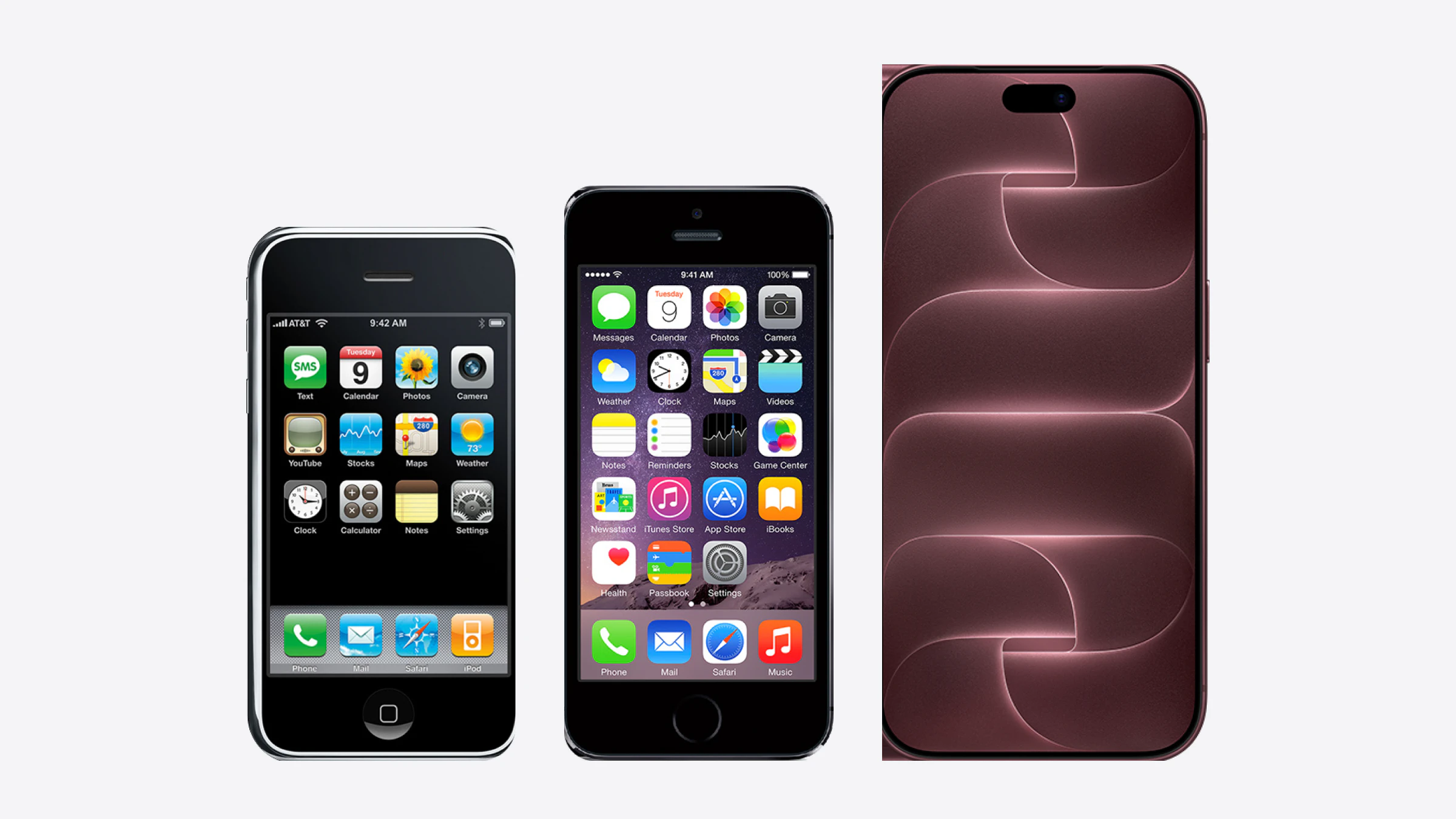 Three iPhones at one scale: the first iPhone with glossy iPhone OS icons on black at 9:42, an iPhone 5s with the flat iOS 7 Home Screen at 9:41, and a current iPhone Pro with the Dynamic Island over a dark red wallpaper