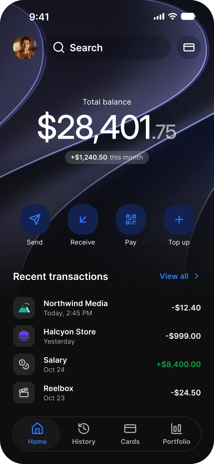 Finance app home in dark mode: a total balance with its change this month, Send, Receive, Pay and Top up, and recent transactions