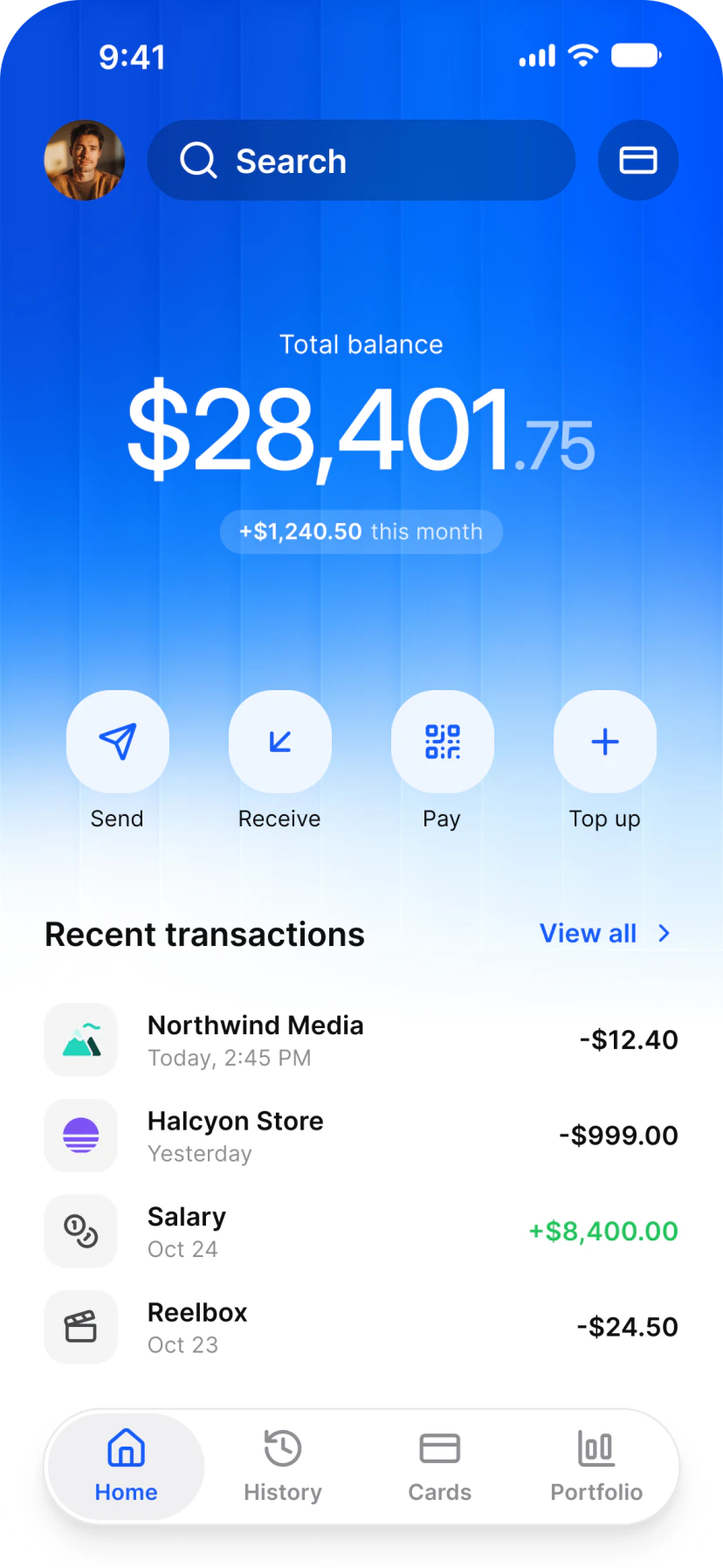 Finance app home in light mode: a total balance with its change this month, Send, Receive, Pay and Top up, and recent transactions