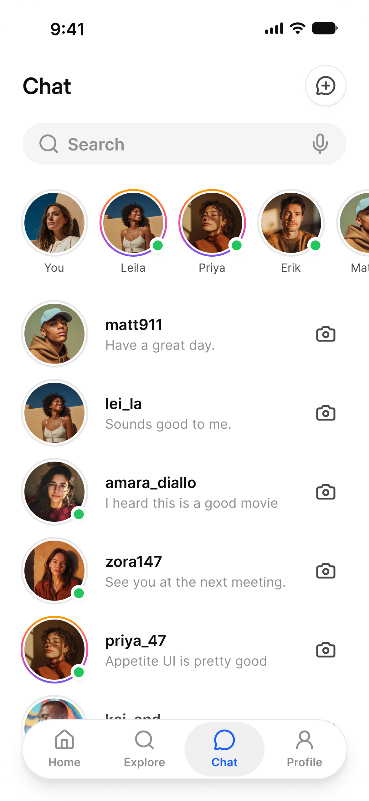 Chat list in light mode: a row of stories above recent conversations