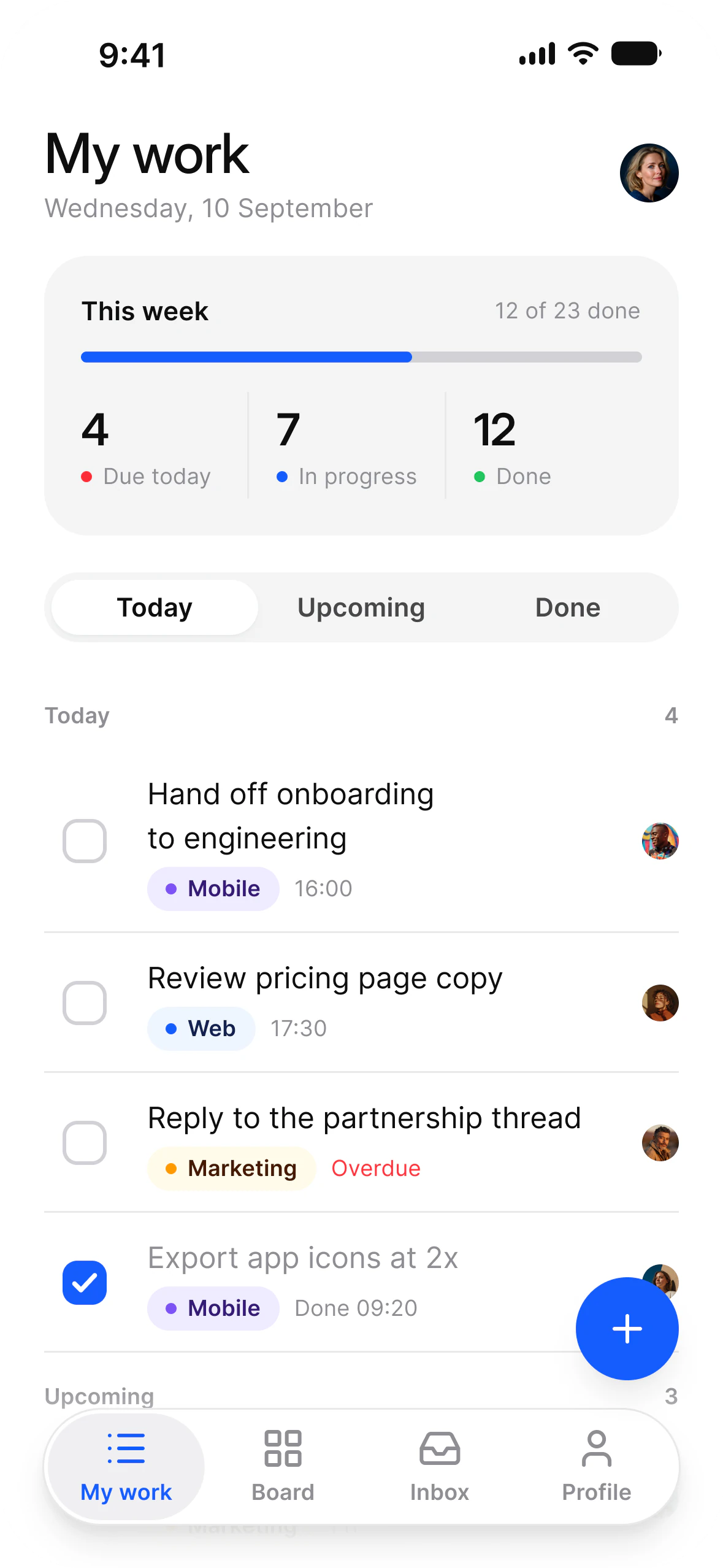 My work screen of the Tasks app in light mode: a weekly progress card, a Today, Upcoming and Done segmented control, and a task list with labels and times